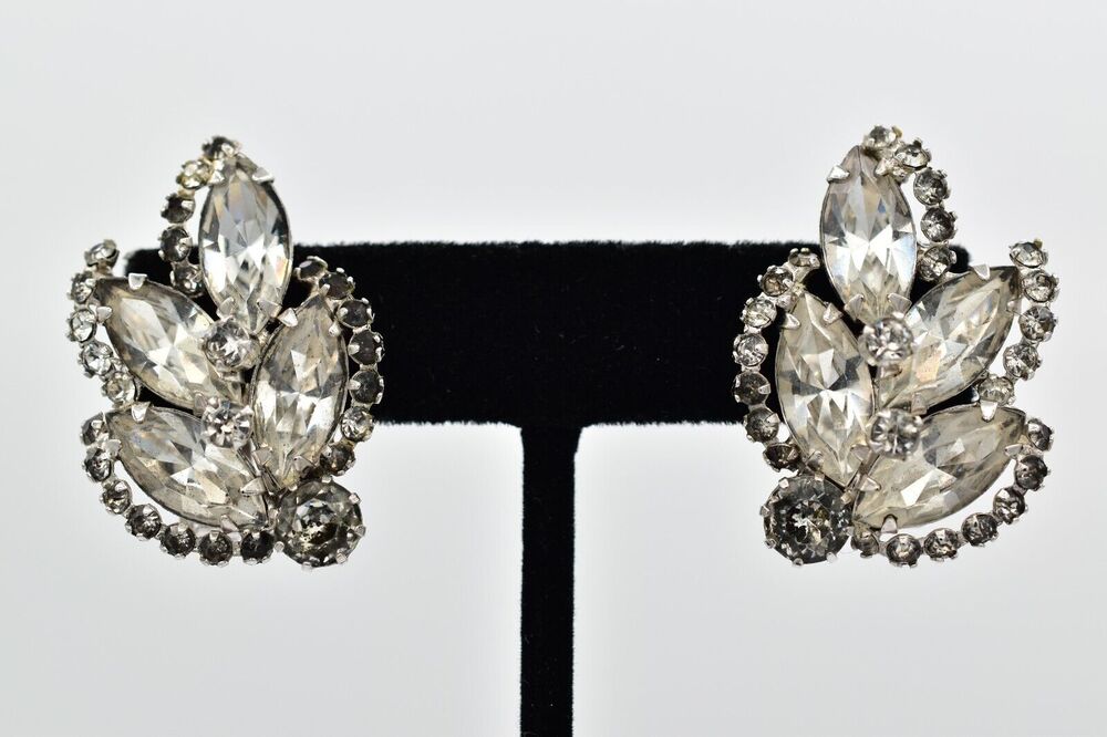 Weiss Vintage Crystal Clip On Earrings Marquise Rhinestone Chunky Silver 80s 9M